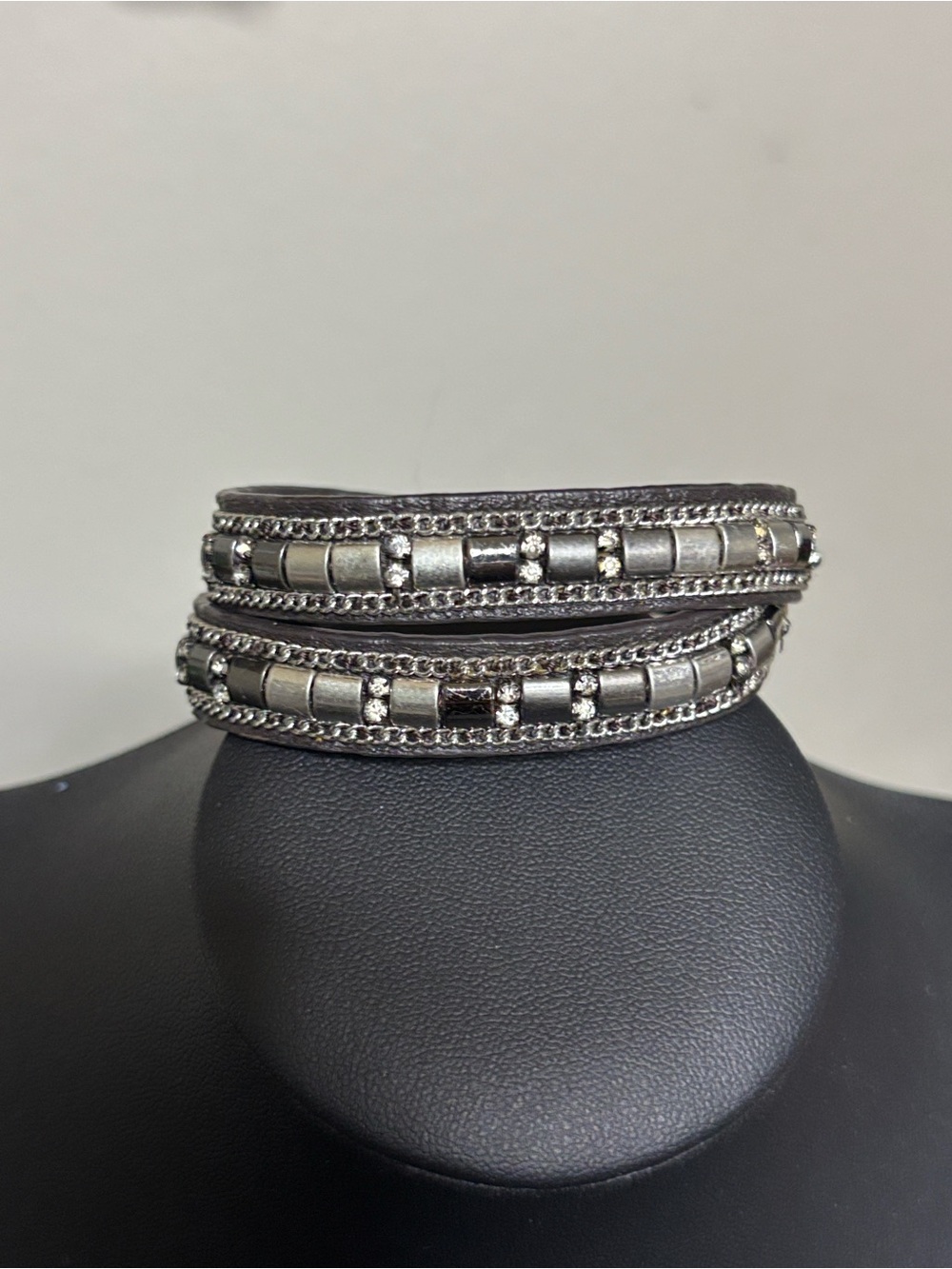 Stella & Dot Brown Leather Silver Rhinestone Wrap Bracelet - Women Jewelry